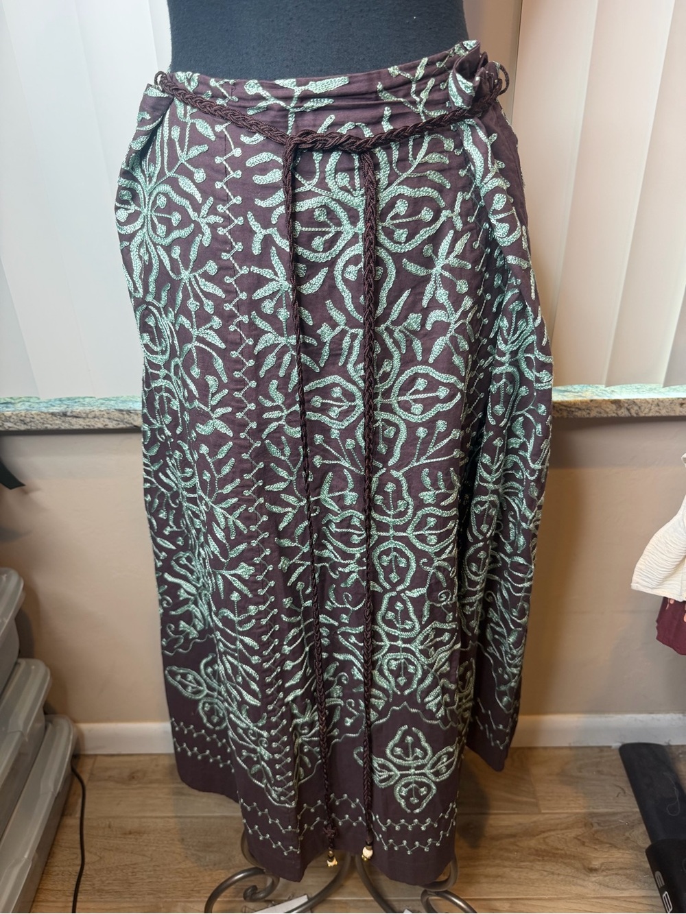 Soft Surroundings Boho Embroidered Maxi Skirt crafted dark brown cotton SZ XLP